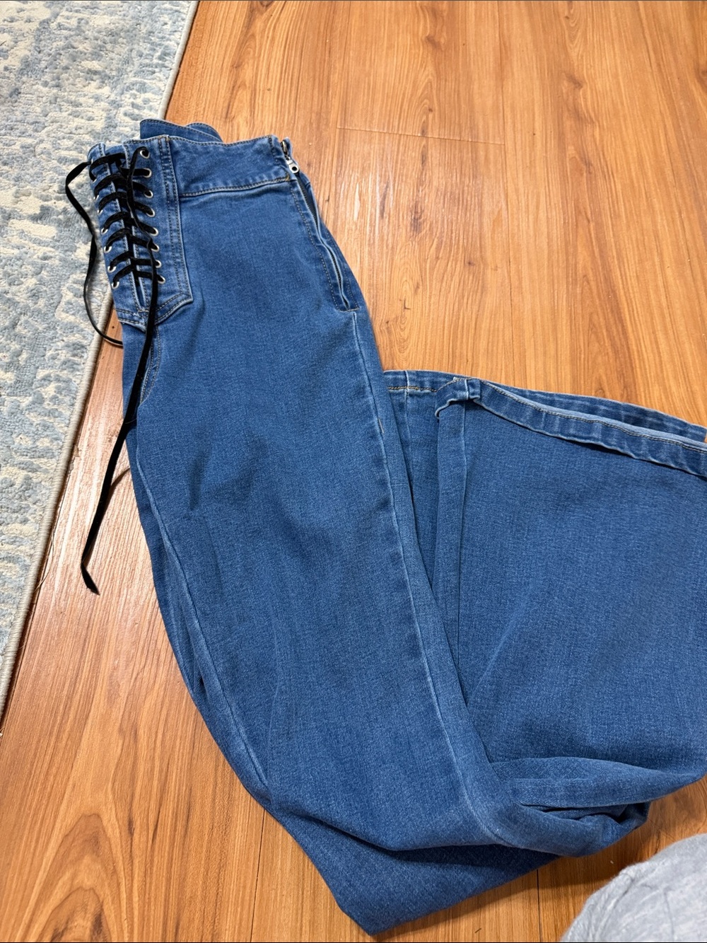 Forever 21 Lace-Up High-Waist Blue Wide-Leg Jeans